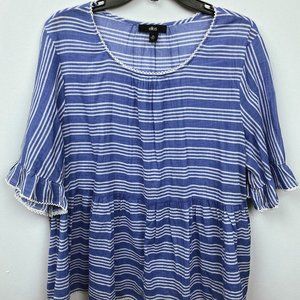 EOS Blue/White Striped Lace Trim Semi-Sheer Blouse